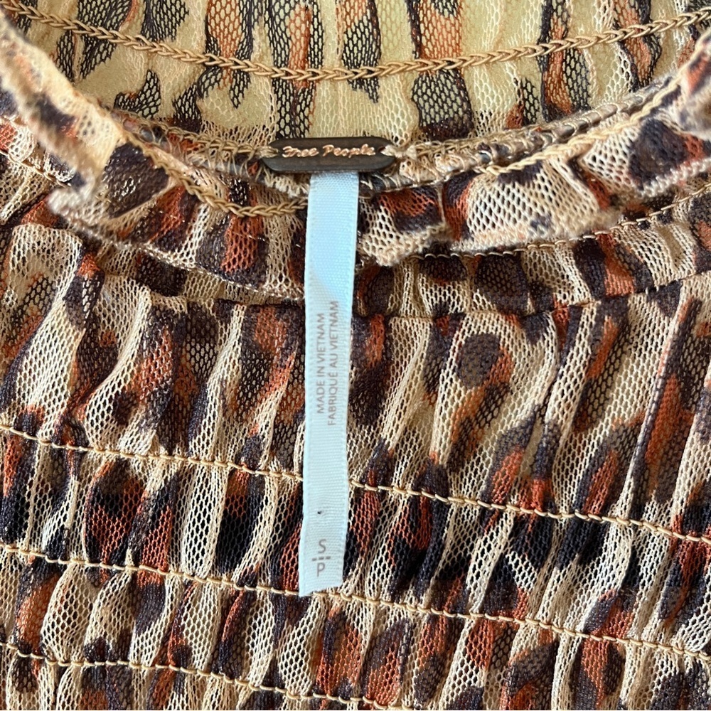 FREE PEOPLE Smocked HELLO THERE Mesh Top Leopard Cheetah Mock Neck Size Small - Picture 9 of 14